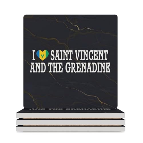 Lot de 4 dessous de verre avec drapeau national de Saint-Vincent-et-les Grenadines avec inscription « I Love Saint Vincent And The Grenadine » - Dessous de verre carré pour décoration de table basse