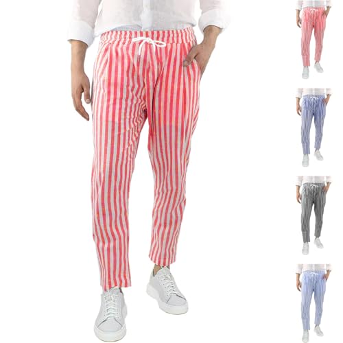 Generisch Pantalon en lin rayé pour homme - Pantalon léger à rayures claires - Pantalon de loisirs - Pantalon en coton mélangé confortable avec cordon de...