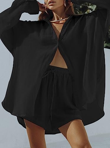 Image of Fixmatti Women 2 Piece Outfits Long Sleeve Button Down Blouse and Shorts Sweatsuit Sets