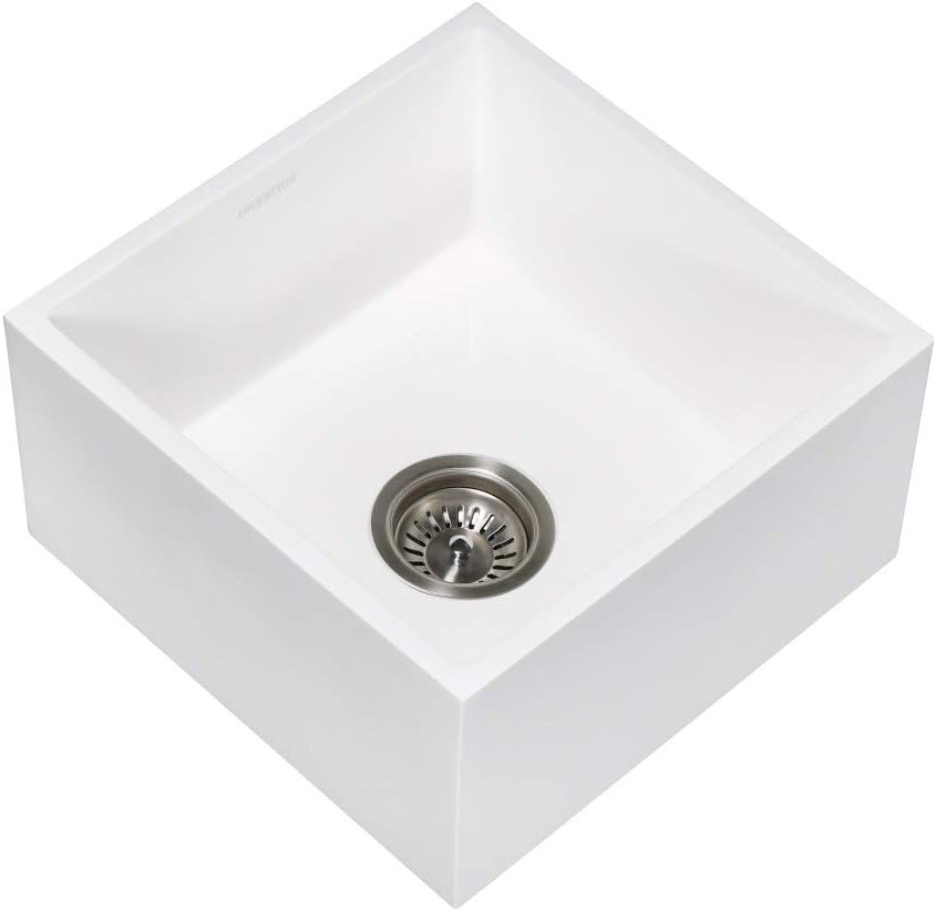 Kingston Brass Gourmetier GKUSA15158 Arcticstone Solid Surface Undermount 15' Square Single Bowl Bar Sink with Drain, Matte White