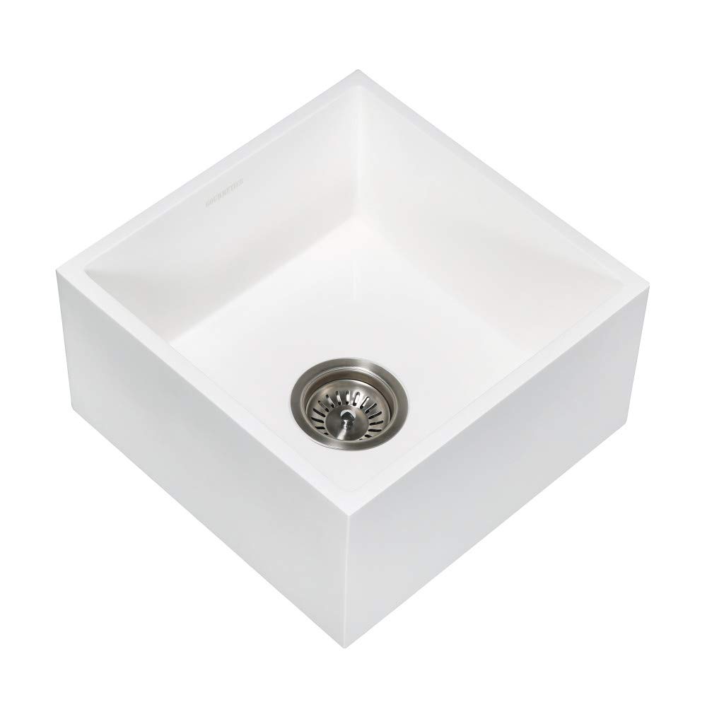 Kingston Brass Gourmetier GKUSA15158 Arcticstone Solid Surface Undermount 15' Square Single Bowl Bar Sink with Drain, Matte White