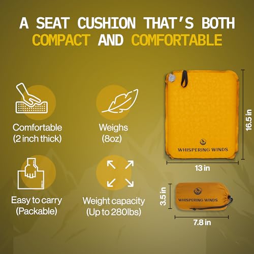 Whispering Winds Inflatable Seat Cushion - Comfortable Blow-up Foam Pad for Airplane, Travel, Stadium, Outdoors, Camping, Car & More