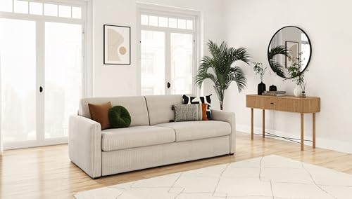 LOUNGITUDE - Agathe - Canapé Convertible - Express - 3 Places - Véritable Matelas - en Velours côtelé - Beige - L198cm