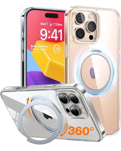 Image of TORRAS 360Rotatable Magnetic for iPhone 16 Pro Case 6.3 inch, Fit for MagSafe 16 Pro Phone Case, 16FT Military Grade Shockproof, Flush Stand Ring, Translucent Slim Protective Ostand, Clear