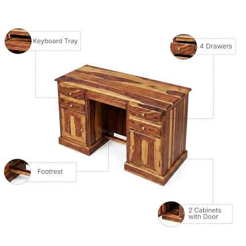 Image of SONA ART & CRAFTS Carmel Solid Sheesham Wood Study Table for Students Big Size with 4 Drawers & 2 Doors Wooden Study Desk Table Office Table for Work from Home Office Desk (Natural Teak Finish)