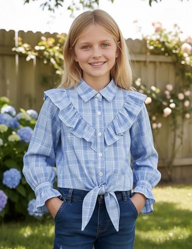 Image of Girls Sleeveless Plaid Button Down Shirt Summer Crop Tops Tie Knot Ruffle Sleeve Shirt Blouse 3-12Y