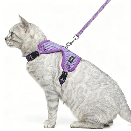 PUPTECK Cat Harness and Leash Set Escape Proof, Reflective Adjustable Soft Mesh Pet Vest Harness for Walking Travel, Purple S