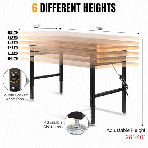 Image of 60 inch Heavy Duty Work Bench, Adjustable Workbench, 2000 LBS Load Capacity Rubber Wood Work Table with Pegboard, Power Outlets, Work Benches for Garage, Workshop, Office, Home, Commercial
