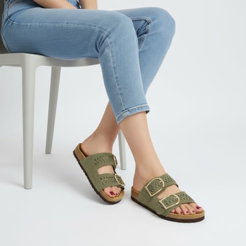CUSHIONAIRE Cashew Slip On Womens Sandals, Genuine Suede Leather Braided Double Strap Slide On Sandals with Adjustable Big Buckle for Women 2026, Olive 6 by CUSHIONAIRE - Used condition - Image 8