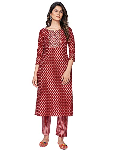 Image of Vbuyz Women's Printed & sequience work A-line Cotton Pink Kurta Pant With Dupatta