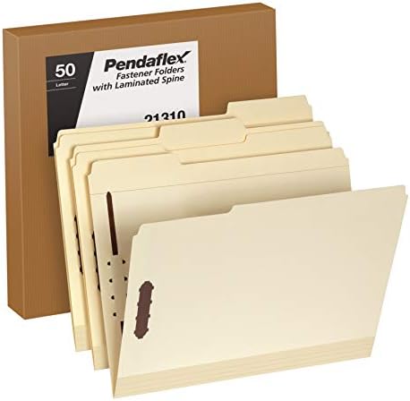 Pendalfex Fastener Folders, Poly Reinforced Spine, Reinforced Tabs, Letter Size, 8-1/2" x 11", 2 Embedded Fasteners, 1/3-Cut, Manila, 50/Box (21310)