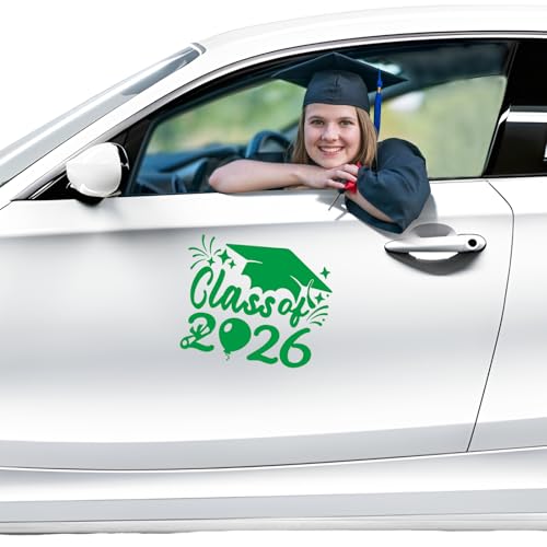 Image of 2xClass of 2026 Car Sticker & Graduation Hat Sticker Removable Graduate Decal Car Decal 8 inchx 7.1 inch Waterproof Vinyl Decals Arts & Crafts for Graduation Party Decorations (Green)