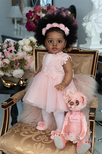 Pinky Reborn Black African American Realistic Toddler Reborn Girl Doll 26 Inch 65cm Lifelike Reborn Baby Dolls with Rooted Culry Hair Toy Set for Kids Age 3+