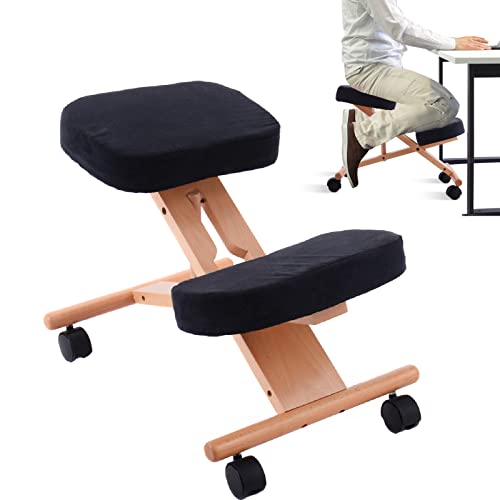 Multigot Kneeling Chair, Adjustable Height & Angle Ergonomic Stool with Padded Seat and Wheels, Wooden Frame Posture Corrective Chair for Home Office (Black)