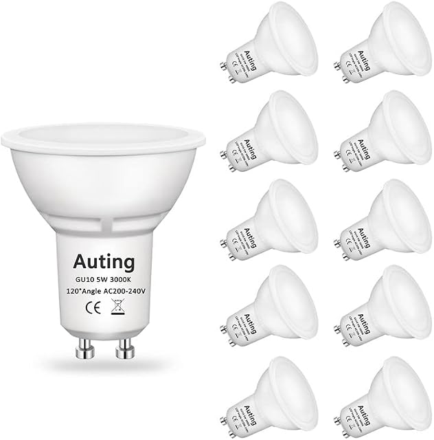 Auting GU10 LED Light Bulbs Warm White (3000K), Gu10 Led 5W 400 Lumens Led GU10 Bulbs Replacement for 35W Halogen Bulb, 120 ° Beam Angle, CRI> 82, 220-240VAC, 10 Pieces