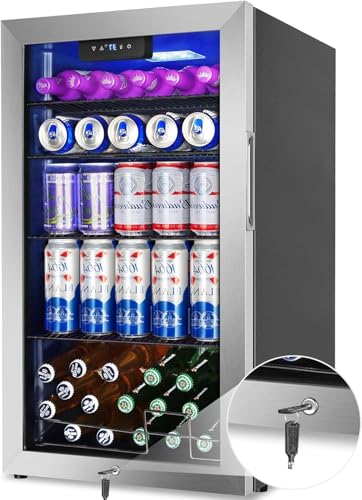 Image of 3.2 Cu.Ft Stainless Steel Mini Fridge with Glass Door and Lock - 128 Can Beverage Cooler, 36dB Ultra-Quiet, Reversible Door, Auto Defrost - for Bedroom Office Dorm Home Bar