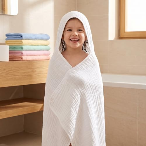 Image of Peryiter 6 Pcs Muslin Hooded Baby Towels, 32 inchx 32 inch Cotton Newborn Bath Towel Muslin Infant Baby Blankets Absorbent Unisex Newborn Registry Gift Essentials for Girls Boys (Light Color Series)
