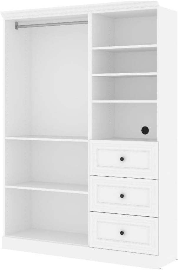 Pemberly Row 61W Engineered Wood Closet Organizer System, White Finish, Includes Shelves, Drawers, Clothing Rods, Adjustable Design, Antique Iron Hardware, Crown Moldings, Entryway or Bedroom Storage