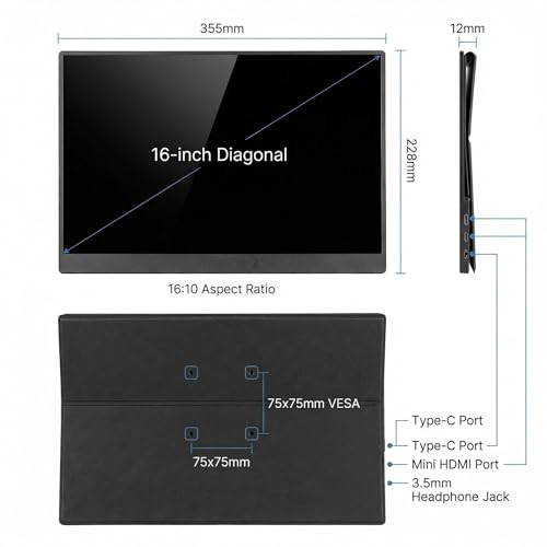 Image of TekGroAml 16 inch 2.5K Portable Gaming Monitor 144Hz, 100% sRGB 400 Nits | 2560x1600 QHD ,Fast 9ms Response Time, USB-C Mini HDMI External Screen ,Windows Mac Compatible