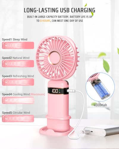 FAPPEN Mini Handheld Fan, Portable USB Hand Held Fan, Rechargeable 5 Speeds Folding Hand Fan with Base and Lanyard for Home Office Bedroom Outdoor Travel(Pink) - Image 2