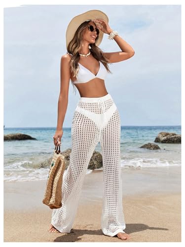 Women's Cover Up Beach Pants Hollow Out Drawstring High Elastic Waist Swimsuit Beach Cover Up Pants4