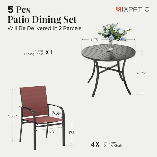 Image of MIXPATIO Patio Table and Chairs Set for 4, 5 Pieces Outdoor Dining Set, 4 Red Textilene Chairs and 42 inch Metal Round Table with Umbrella Hole, for Deck Garden Backyard Lawn Poolside