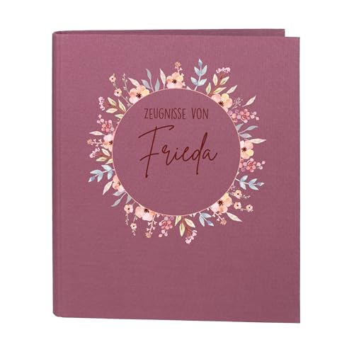 Striefchen Zeugnismappe personalisiert mit Name Leinenstoff 5 Farben zur Auswahl Blumenkranz-Motiv DIN A4 4-Ring-Ordner für Mädchen Mappe zur Aufbewahrung von Schulzeugnissen (Rosa)