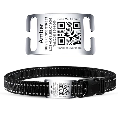 TechMark Dog Tags Personalized for Pets Custom ID Laser Deep Engraving Stainless Steel Ultra Durable Polished Curved Rectangular Arch Text + QR Code for 1 Collars