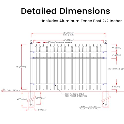 Fence Black Aluminum Anti-Rust Fence Panel - DIY - Sharp End Pickets - 7.8ft W x 5ft H - Easy Installation - 3-Rail - for Residential, Outdoor, Yard, Garden (Post Not Included)