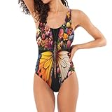 Trajes de baño de una sola pieza con espalda baja, diseño de flores de mariposa, para mujer, con control de abdomen, Flores florales de mariposa, XXL