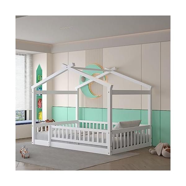 House bed full size floor bed with fence railings wooden montessori style bed frame for kids fun playhouse beds for girls boys white  urban country home decor