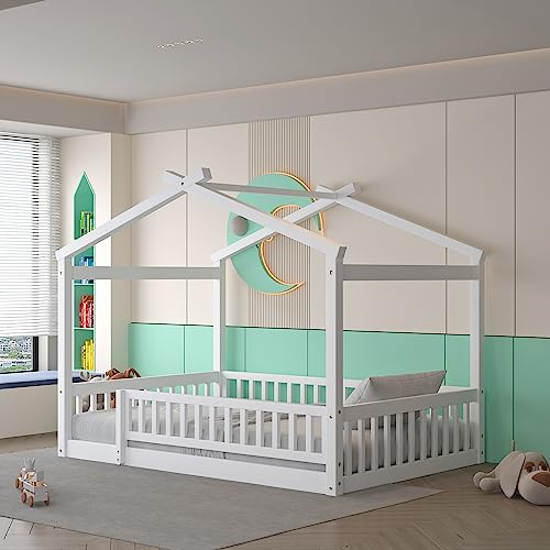 Merax Full Size Wooden House Bed with Fence, Wood Bed Frame with Roof and Safety Guardrail for Kids, Teens, Boys or Girls, 57" L x 62.9" W x 79.5" H, White by Merax - Used condition - US$196.79