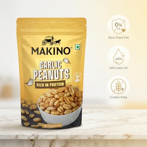 Image of Makino Garlic Roasted Peanuts | Premium Raw Roasted Peanut Snacks | High Protein in Fiber | Gluten Free, Zero Cholesterol | Not Fried Only Roasted Peanuts | Natural Peanuts from Gujrat, No Trans Fat |