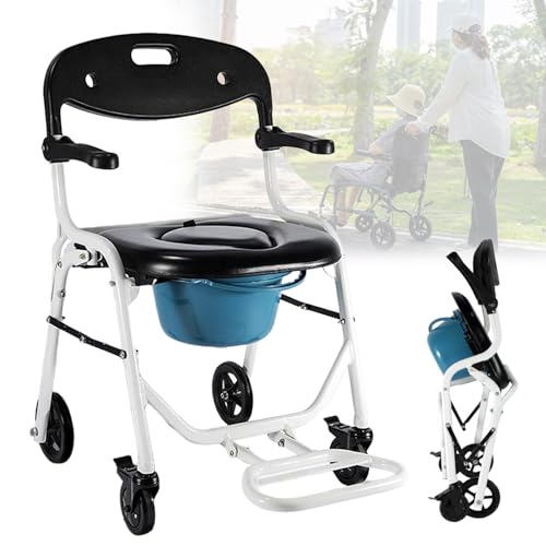 Folding Anti Slip Shower Chair, Bedside Toilet, Shower Bench with Lockable Casters, Mobility & Daily Living Aids, Height Adjustable Toilet Chair for Elderly, Pregnant, Adult