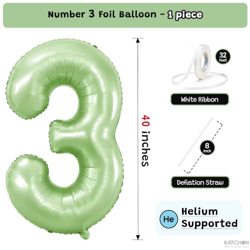 Image of Katchon, 40 Inch Sage Green Number 3 Balloon For 3rd Birthday Decorations
