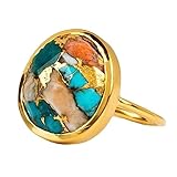DOCCESTU 14k Gold Plated Vintage Turquoise Ring Handmade Boho Natural Stone Ring Retro Jewelry for Women's Colorful Gem Ring Size8