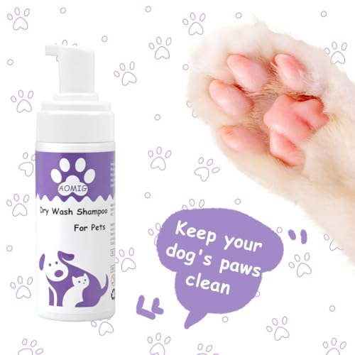 Aomig Wasserloses Trockenshampoo für Hunde Katzen Kleintiere Schnelle Sanfte Reinigung mit Pflegenden Pflanzenextrakten Ohne Alkohol Schaumformel Rückstandsfrei für Reisen empfindliche Haut (150ml)