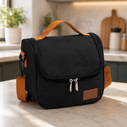 Bolsa Térmica 7 Litros para Marmita e Lanches, Lancheira Térmica Impermeável com Alça de Ombro Ajustável e Removível, Zíper Duplo, para Trabalho, Escola, Academia e Passeios, Preta