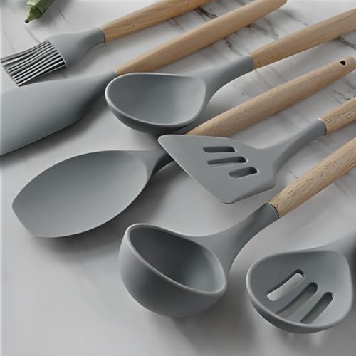 Kit Utensílios De Cozinha Silicone Cabo De Madeira Antiaderente Premium Conjunto 19 Peças Cinza Inox