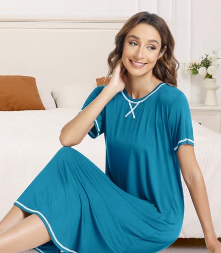 Image of NACHILA Women's Nightgowns-Viscose Made from Bamboo,Short Sleeve Sleepshirts Crew Neck Nightshirt Soft Sleep Dress