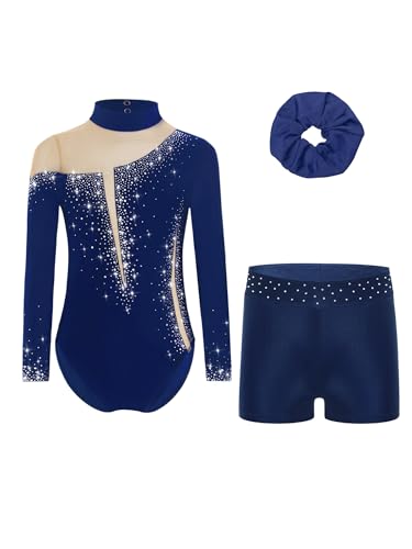 Freebily Maillot De Gimnasia Ritmica para Niña Body Ballet De Elástico con Leggings Cortos De Deporte Traje De Competición Actuación A Azul Marino 11 12 años