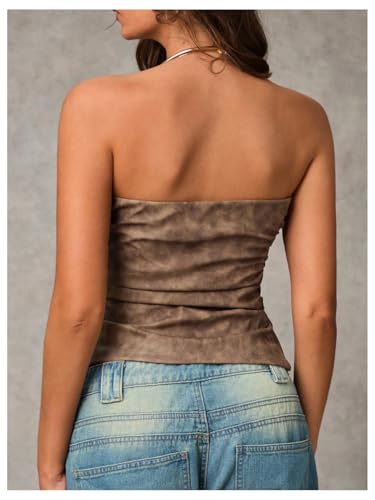 MakeMeChic Women's PU Leather Top Strapless Ruched Bandeau Sleeveless Party Tube Tops2