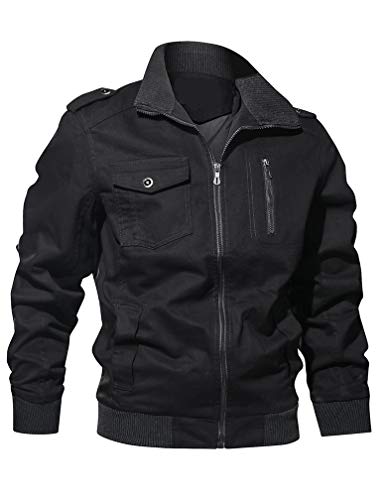 Lavnis Men's Cotton Cargo Jacket Casual Stand Collar Military Jacket Lightweight Bomber Jacket Windbreaker Black M