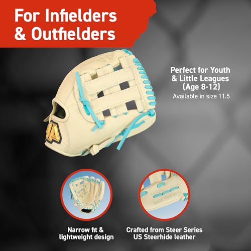 Image of 44 PRO Rise Youth Baseball Glove, 11.5 inch H-Web, Ages 8-12 | Leather baseball glove with lightweight design, narrow fit & easy break-in for youth & little league infield & outfield play