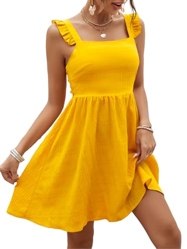 Image of SISKIN Women's Summer Spaghetti Strap Sleeveless Square Neck Ruffle A Line Swing Mini Dress 2025