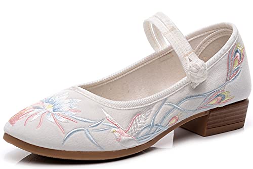Hee grand Women Heeled Pump Floral Embroidered Shoes Elegant Comfort Low Heels Walking Shoesï¼ŒWhite 7