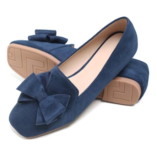 Image of WENJIAZHIZHI Square Toe Bow Ballet Slip-On | Classic Suede Finish,Chic Bow Detail,Effortless Everyday Style,Wedding Party Office,Plus Size Available