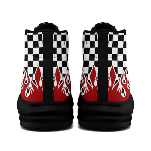 Checkered Flame High-Top Platform Sneakers, Custom Chunky Elevated Canvas Trainers for Streetwear Race Casual Footwear3