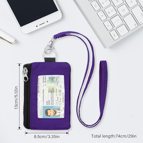 Image of Minimalist RFID Wallet with Lanyard, Multi-functional ID Case with 2 Zipper Pockets and Key Chain for Men and Women, Tactical Badge Pouch Cards Holder, Coin Purse for Travel Sports - Purple&Rose