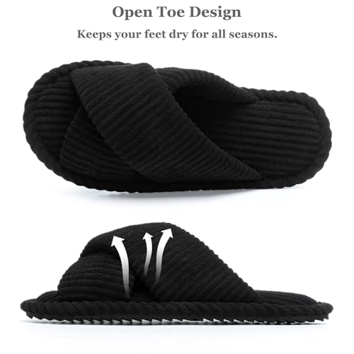 House Slippers for Women Open Toe Fuzzy Womens Slippers Indoor Outdoor Crossband with Corduroy Memory Foam Warm Gifts for Women Anti-Skid Size 11 12 Black3